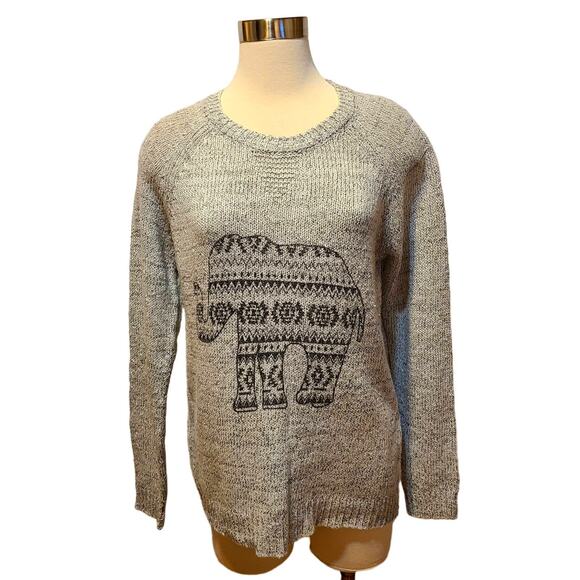 Elephant Graphic Womens Sweater Sz XL Gray Charcoal Good Luck Trunk Up - Picture 7 of 12